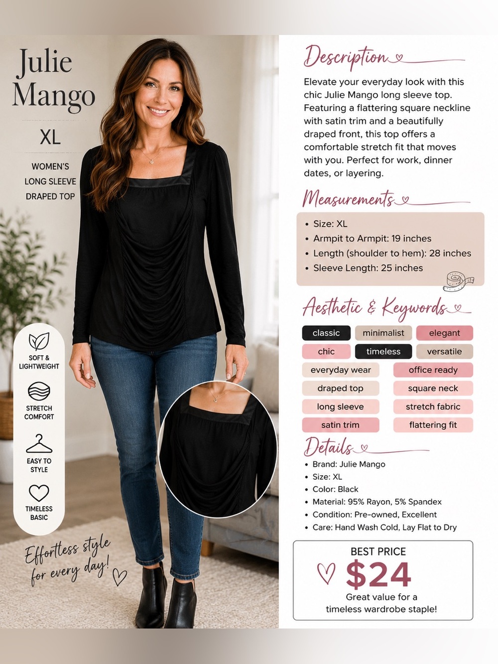 Black Long-Sleeve Draped Square-Neck Top